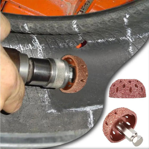 Badass 38mm Tire Buffer Wheel For Auto Grinder Tool With Coarse Grit Tungsten Alloy Grinding Head And Patch Roller attached to a tire.