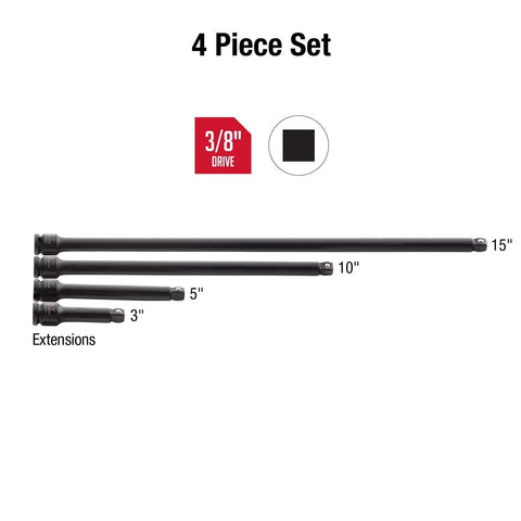 Three Eighths Inch Drive Impact Extension Set Four Piece with 3 to 15 Inch SAE Sizes
