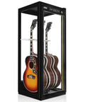 Premium Guitar Display Case With Humidification And Constant Temperature Control housing multiple acoustic guitars inside a glass cabinet.