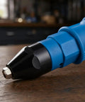 Upgrade Your Garage Setup With This Anu Limen Cordless Drill Adapter Kit That Turns Any Power Tool Into A Super Fast Rivet Gun For Metals And Plastics Including 4 Rivet Heads Wrench Plus Auxiliary Handle For Serious DIY Pros close-up blue and black drill adapter