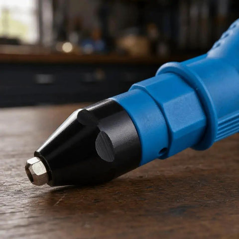 Upgrade Your Garage Setup With This Anu Limen Cordless Drill Adapter Kit That Turns Any Power Tool Into A Super Fast Rivet Gun For Metals And Plastics Including 4 Rivet Heads Wrench Plus Auxiliary Handle For Serious DIY Pros close-up blue and black drill adapter