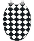 Toilet Seat Elongated Quiet Close for Bathroom, black and white checkered pattern, modern design, top view.