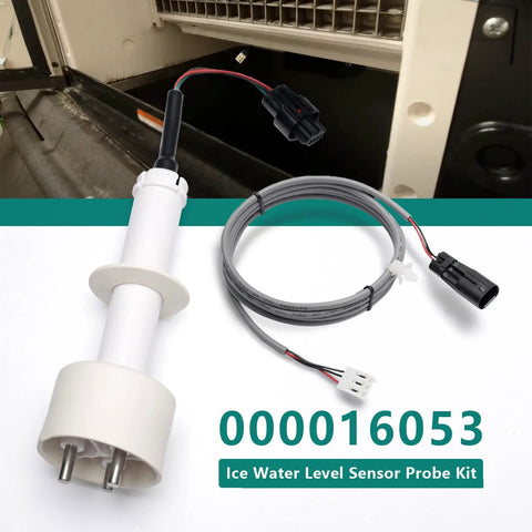 Ice Water Level Sensor Probe Kit Harness Replacement 000016053 for Ice Machines displayed with connectors and image of installation area.