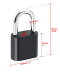 Heavy Duty Stainless Steel Flip Gate Latch Set With Padlock For Barn Cabinet Pet Cage Garden Garage And Window Sliding Doors Matte Black Finish, Durable Bolt Lock Safety Catch For Indoor Outdoor Use, close-up of black padlock with dimensions