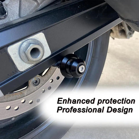 Universal CNC Machined Aluminum Swing Arm Spools With Black Spacer on bike stand showing enhanced protection