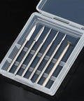 Six Piece 3mm Shank Wood Carving Drill Bit Set in a clear case for engraving, grinding, woodworking, and micro sculpture on rotary tools.