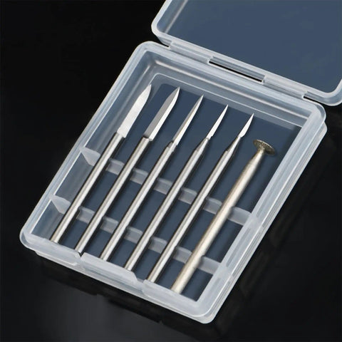 Six Piece 3mm Shank Wood Carving Drill Bit Set in a clear case for engraving, grinding, woodworking, and micro sculpture on rotary tools.