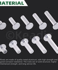 Rivets Assortment Kit With 150Pcs M6 Aluminum Flat Head Semi Tubular Rivets showing 10 rivets on a black background