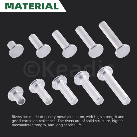 Rivets Assortment Kit With 150Pcs M6 Aluminum Flat Head Semi Tubular Rivets showing 10 rivets on a black background
