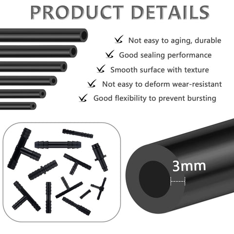All In One Vacuum Line Kit With Six Five-Foot Hoses And 113 Connectors, Silicone Vacuum Tubing For Car Piping System, Auto Replacement Hoses Up To 130 PSI showing 3mm diameter and connectors.