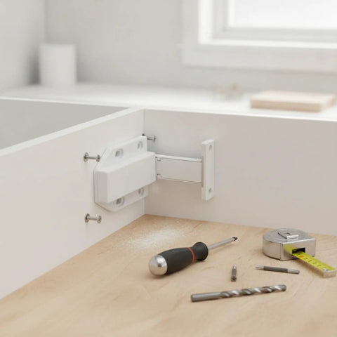 Handle-Free Cabinet Door With Push To Open Rebounder Latch, Durable ABS Plastic Catch In White, 1 Pack installed in cabinet