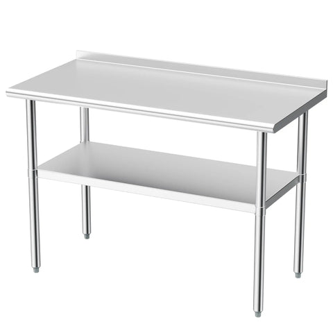 Stainless Steel Prep And Work Table 24 By 48 Inches, Heavy Duty Commercial Kitchen Workstation With Backsplash, Adjustable Under Shelf