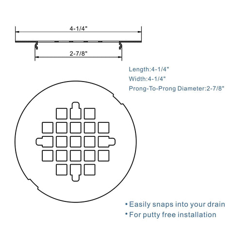 Heavy Duty Matte Black Snap In Shower Drain Cover Slick Round Stainless Steel Grid dimensions 4-1/4 inch by 2-7/8 inch for modern bathrooms.