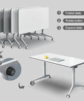 Built Tough Folding Computer Desk With Easy Rollin Locking Casters, Heavy Duty Space Saving Mobile Training Table showcasing folded state and expandable mechanism.