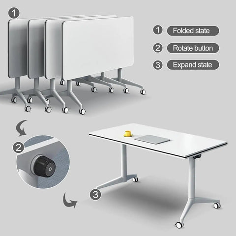 Built Tough Folding Computer Desk With Easy Rollin Locking Casters, Heavy Duty Space Saving Mobile Training Table showcasing folded state and expandable mechanism.