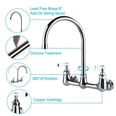 Commercial Wall Mount Kitchen Faucet With 8-Inch Center Gooseneck Swivel Spout, Two Handles, Heavy Duty Brass Chrome Finish, Lead-Free