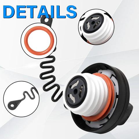 Volvo Gas Cap Replacement 31392044 close-up showing spiral tether, sealing gasket, ensuring direct swap for S60 S80 XC60 XC70 models.