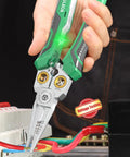 8 In 1 USB-C Rechargeable Electrician Pliers with Non Contact Voltage Tester, in use on electrical wires