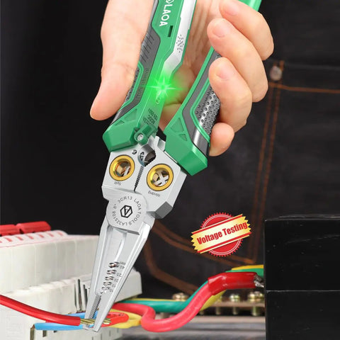 8 In 1 USB-C Rechargeable Electrician Pliers with Non Contact Voltage Tester, in use on electrical wires