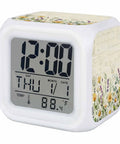 Dead Quiet Daisy Digital Alarm Clock For Bedroom, compact white clock with floral vintage design, time and temp display.