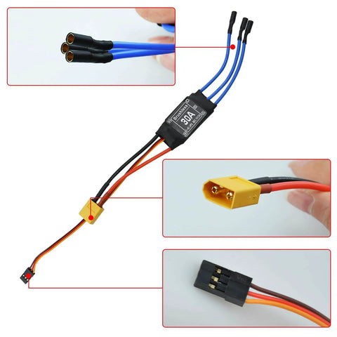 Two Pack 30A Brushless ESC Speed Controllers With XT60 Connectors And 3.5mm Bullet Plugs For RC Drones Planes And Helis