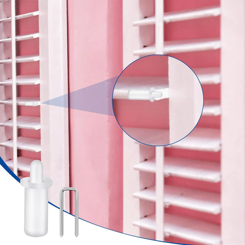 Close-up of No Sweat Plantation Shutter Repair Kit featuring a sturdy white louver clip and spring loaded pin on pink shutter.