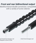 Close-up of flexible drill bit extension showing hex shaft and magnetic suction, part of a two-piece set for tight spots.