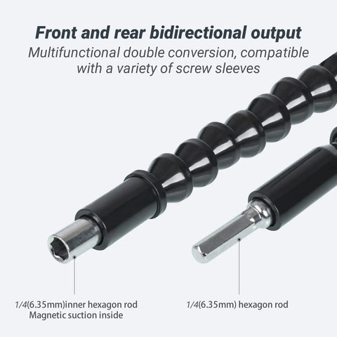 Close-up of flexible drill bit extension showing hex shaft and magnetic suction, part of a two-piece set for tight spots.
