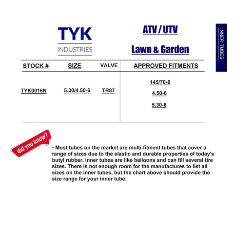 Two Pack 145/70-6 Inner Tubes For Go Karts And Small ATVs With 5.30-4.50-6 Sizing And TR87 Bent Metal Valve Stems chart