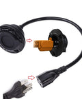 No Sweat Waterproof Rv Shore Power Inlet With Integrated 16 Inch Extension Cord 15 Amp 125 Volt AC Port Receptacle Box for Campers and Trailers close-up view.