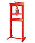 Heavy Duty 20 Ton Hydraulic H Frame Shop Press With Adjustable Stamp Plate for smooth bearing swaps and bushing jobs in red.