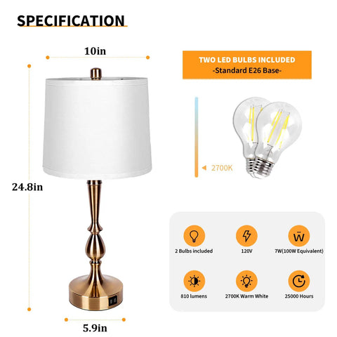 Dual USB Bedside Lamps With USB Ports And Outlets, Touch Control 3 Way Dimmable Lighting With White Lampshade, Mid Century End Table Lamps For Living Room Or Bedroom, Includes 2 LED Bulbs