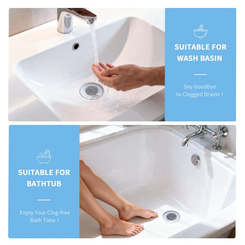 Top Shelf Reversible Bathtub Drain Strainer And Hair Catcher Set Crafted From Heavy Duty 304 Stainless Steel in wash basin and bathtub.