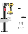 FZZD 5000-lb A-frame trailer jack; 23-inch lift, black body with yellow cordless drill, front view.