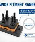 Heavy Duty Aluminum Barrel Vise With Slick Grip Leather Pads showing 0.67 to 1.375 inch fitment range and clamp size