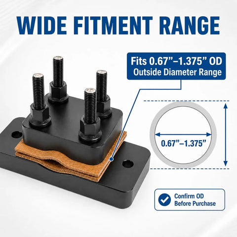 Heavy Duty Aluminum Barrel Vise With Slick Grip Leather Pads showing 0.67 to 1.375 inch fitment range and clamp size