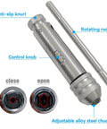 Close-up of Heavy Duty Ratchet T Handle Tap Wrench with control knob, anti-slip knurl, rotating rod, and adjustable alloy steel chuck.