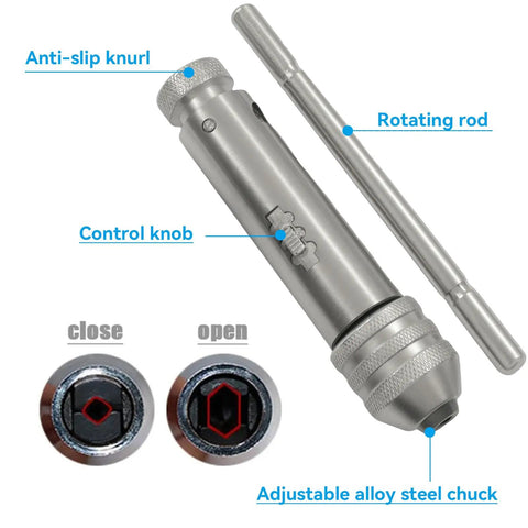 Close-up of Heavy Duty Ratchet T Handle Tap Wrench with control knob, anti-slip knurl, rotating rod, and adjustable alloy steel chuck.