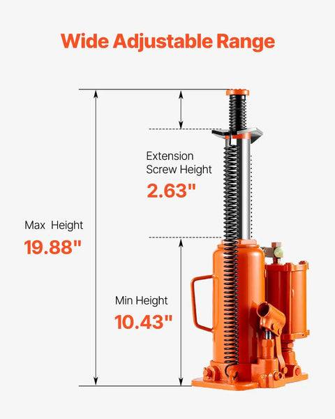 Beefy Air Hydraulic Bottle Jack Two In One Pneumatic And Hydraulic 12 Ton Lift Range 10.43 To 19.88 Inches with dimensions shown