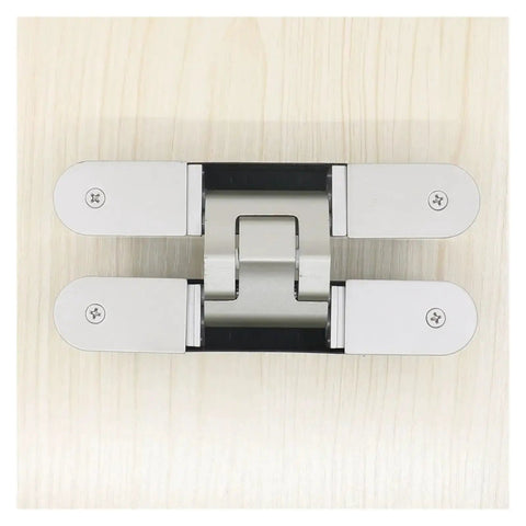 Concealed Secret Door Hinge For Thick Doors Stealthy Hidden Pivot Hardware With One Color Finish, top view on wooden surface