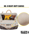 Heavy Duty Natural Canvas Tool Bag With Wide Hinged Opening Leather Handles Riveted Steel Frame Mouth Secure Buckle Strap