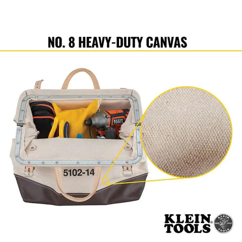 Heavy Duty Natural Canvas Tool Bag With Wide Hinged Opening Leather Handles Riveted Steel Frame Mouth Secure Buckle Strap