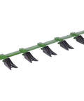 Bucket Tooth Bar for Sub-Compact Tractors 57 Inch Green Fits Bucket Edges 1/2 Inch or Less No Drilling Required Built Tough Heavy Duty Construction Made in USA With Replaceable Teeth, angled view showing green metal bar with black replaceable teeth.