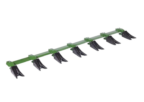 Bucket Tooth Bar for Sub-Compact Tractors 57 Inch Green Fits Bucket Edges 1/2 Inch or Less No Drilling Required Built Tough Heavy Duty Construction Made in USA With Replaceable Teeth, angled view showing green metal bar with black replaceable teeth.