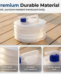 Collapsible Water Container With Spigot For Camping And Hiking on wooden surface, showing accordion fold design, handle, and blue cap.