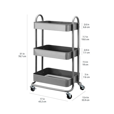 Slick Three Tier Rolling Metal Utility Cart With Lockable Pivot Wheels And Deep Mesh Bins For No Fuss Kitchen Or Home Office Go Anywhere Mobile Storage Charcoal