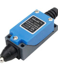 Close-up of Plunger Momentary Limit Switch ME8111 1NC 1NO 2 Pack Industrial Grade, blue housing, shock-resistant design.