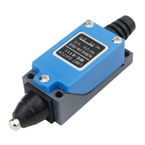 Close-up of Plunger Momentary Limit Switch ME8111 1NC 1NO 2 Pack Industrial Grade, blue housing, shock-resistant design.