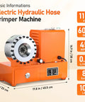 Heavy Duty 600W Electric Hydraulic Crimping Tool With Eight Interchangeable Dies For Hose Sizes From 3/8 To 1 1/4 Inch in orange with specs.