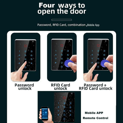 WiFi Tuya Access Control Keypad With 125kHz Card And Dope Mobile App Control IP68 Waterproof Wiegand Door Lock Opener Remote Entry System showing password and card unlocking options